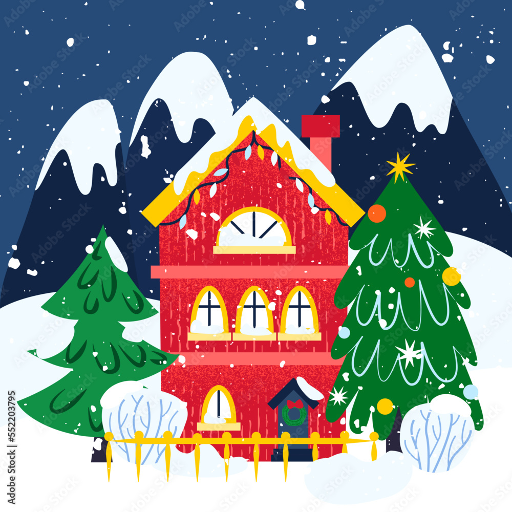 Night Winter House. Vector Illustration of Greeting Card Landscape.