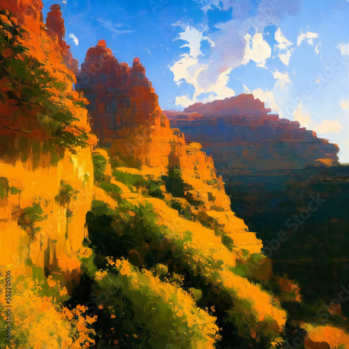 a detailed matte painting of a canyon with trees and bushes, made with generative ai