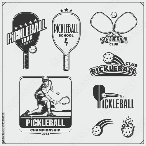 Pickleball labels, emblems, badges, design elements and silhouette of player. Black and white.