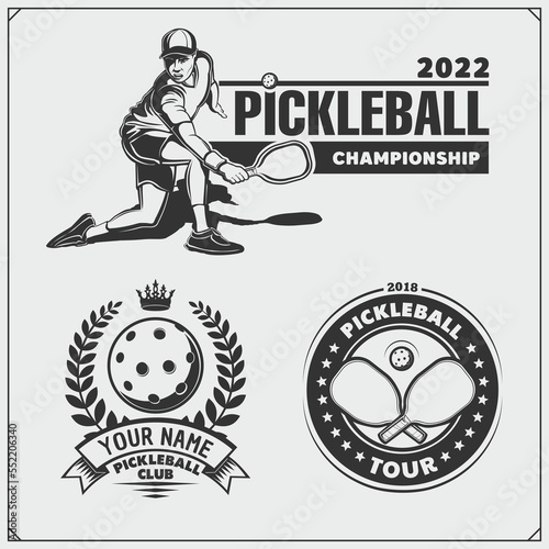 Pickleball labels, emblems, badges, design elements and silhouette of player. Black and white.