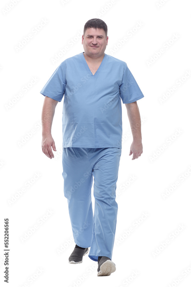 male medic confidently striding forward . isolated on a white male medic confidently striding forward . isolated on a white