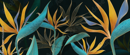 Dark art background with hand drawn paradise flowers with gold line style elements. Botanical banner for wallpaper design, print, textile, decor, interior design.