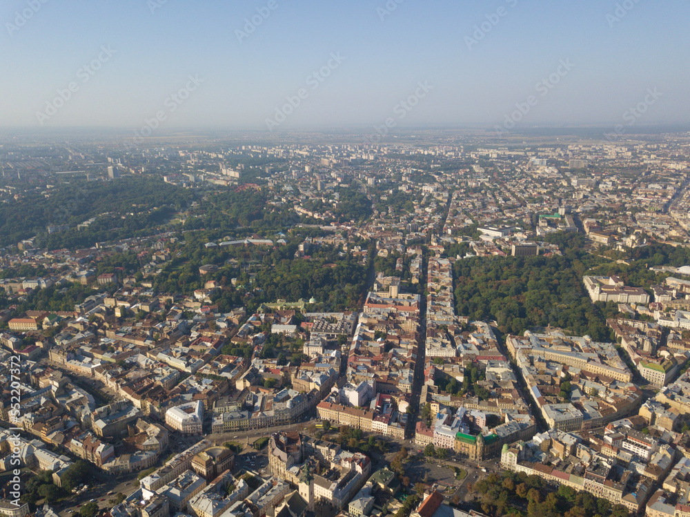 Ukraine, Lviv city center, old architecture, drone photo, bird's eye view.