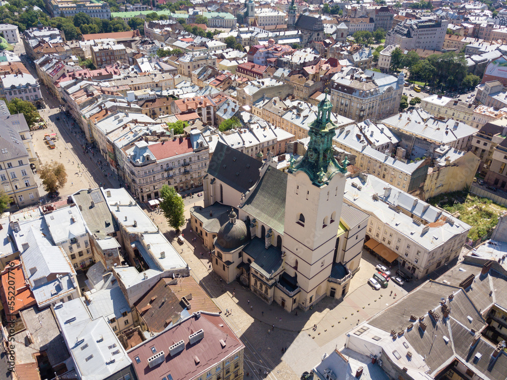 Ukraine, Lviv city center, old architecture, drone photo, bird's eye view.