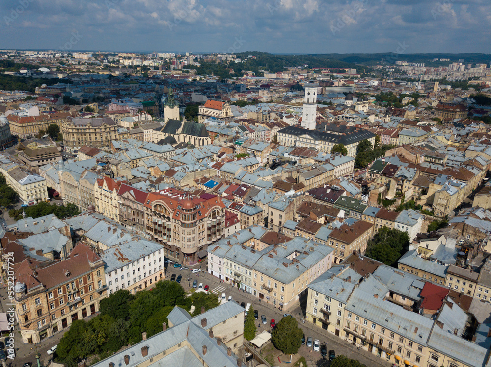 Ukraine, Lviv city center, old architecture, drone photo, bird's eye view.