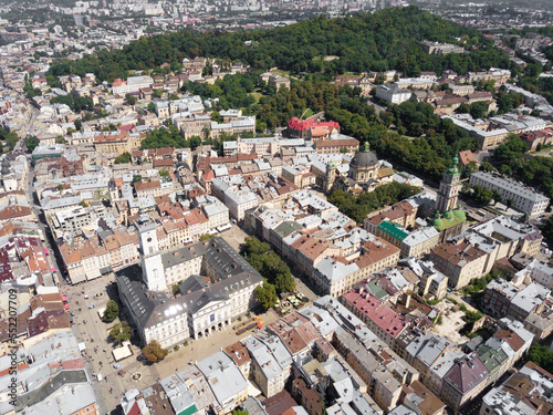 Ukraine, Lviv city center, old architecture, drone photo, bird's eye view.