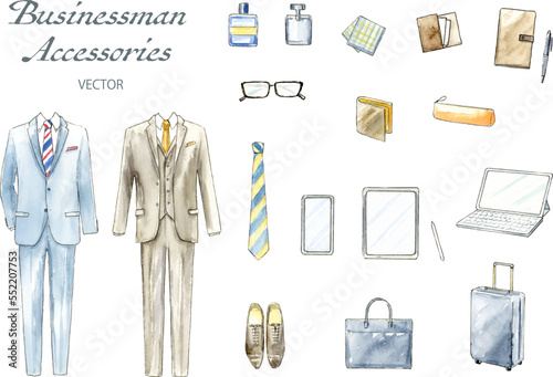 メンズビジネススーツと小物の水彩イラストセット　ベクター