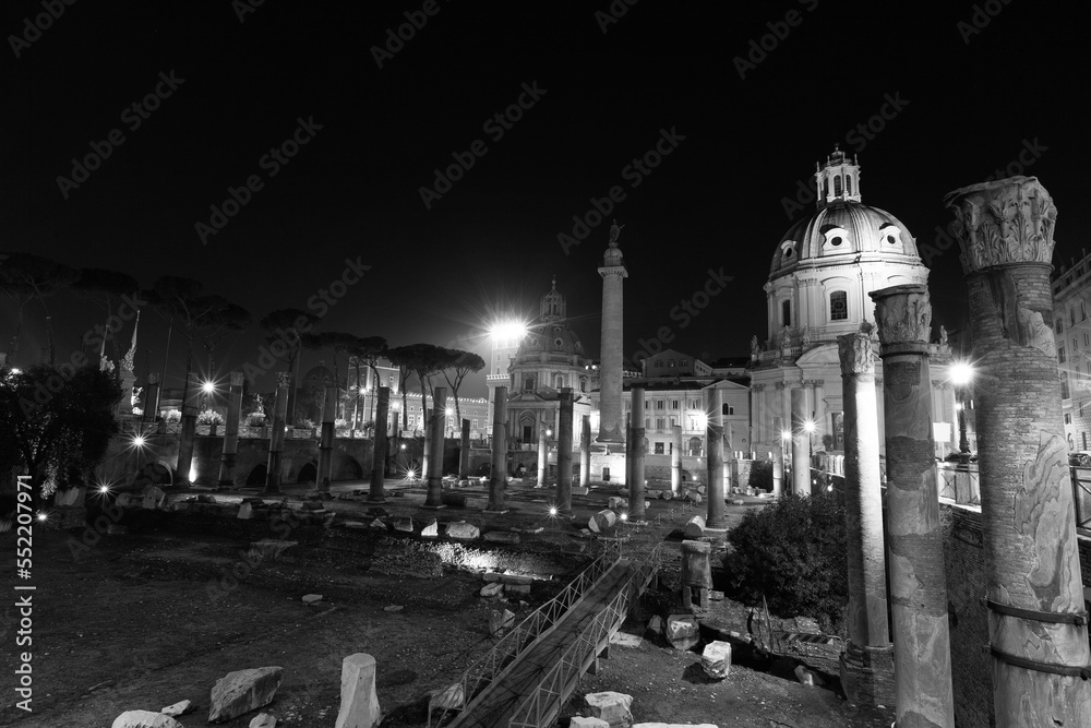 Rome, Italy, ruins of the old city at night with backlight.