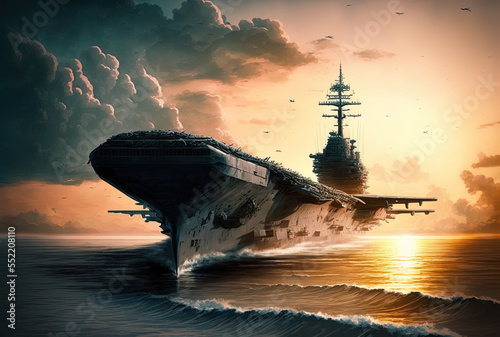 Fotografia aircraft carrier moving out to sea. Generative AI