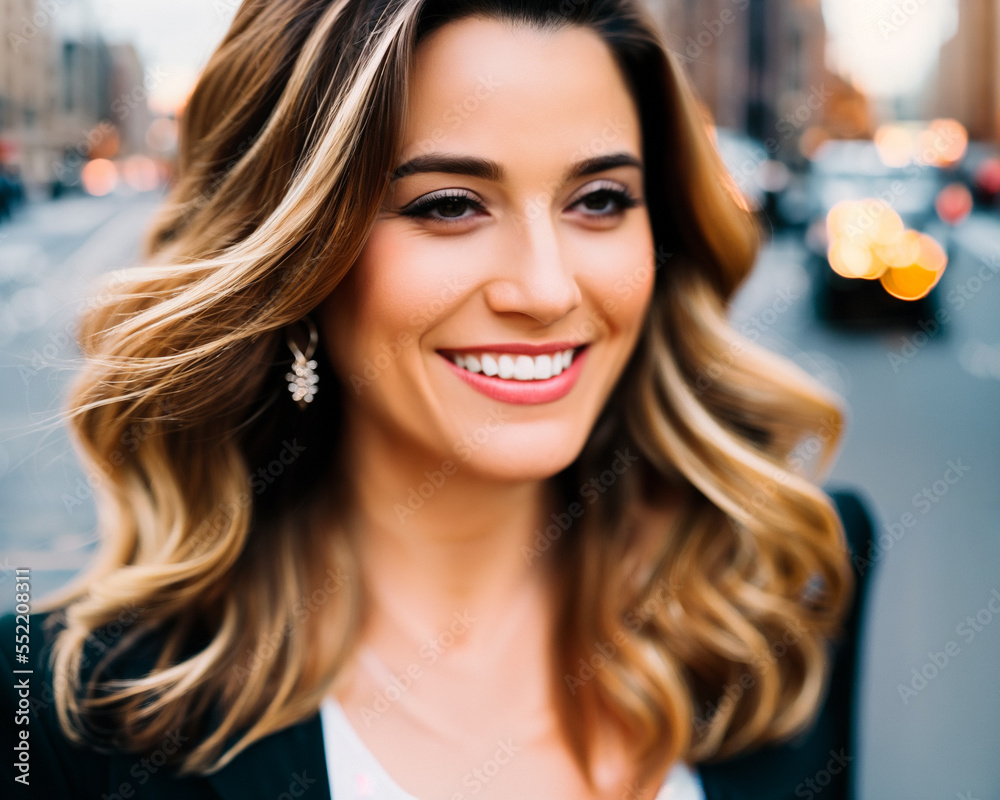 a woman with long hair and a black blazer with a city street in the background made with generative ai a woman with long hair and a black blazer with a city street in the background made with generative ai