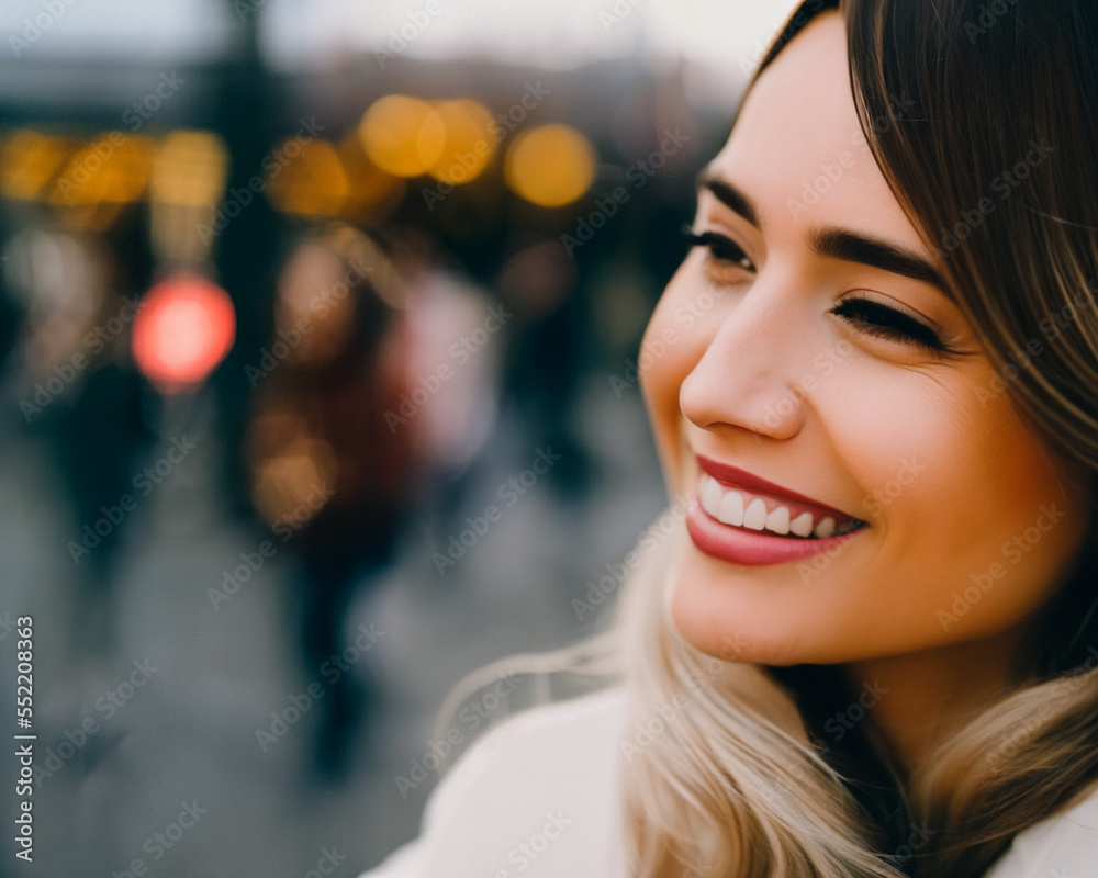 a woman with a smile on her face and a city street in the background made with generative ai