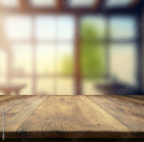 Horizontal shot of a wooden table for product placement and product advertisement in kitchen Generative AI © Dyeru