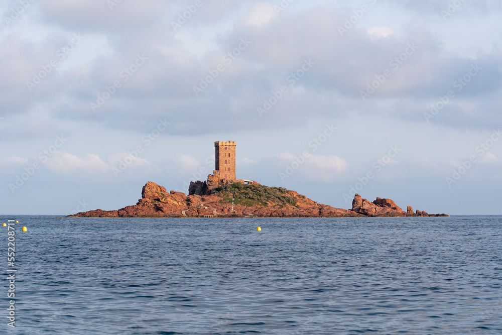 Golden island (l’Île d’or) with his tower near the Dramont Cap in the municipality of Saint-Raphael (Var, Provence-Alpes-Cotes-d'Azur, France)