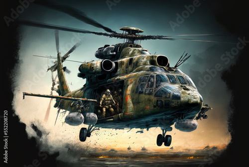 Illustration of a military helicopter. Generative AI