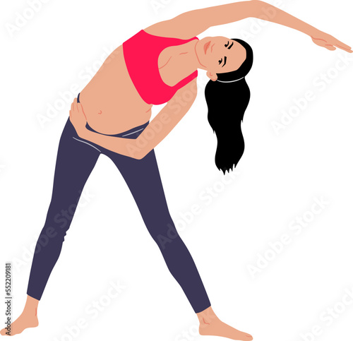 Hand-drawn pregnant woman doing exercise wearing leggings and a top. Vector flat style illustration isolated on white. Full-length view	