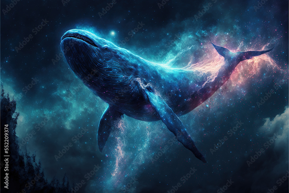 Cosmic whale swimming in space. Godlike creature, awe inspiring, dreamy digital illustration.