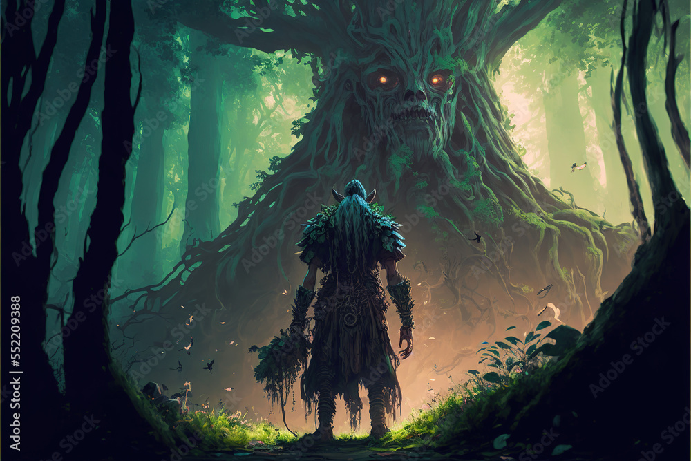 Wild warrior facing a giant tree with a face, or a shaman in front of ...