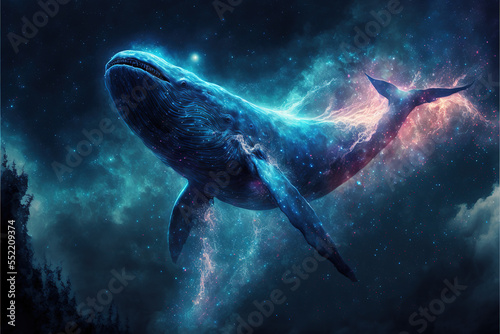Cosmic whale swimming in space. Godlike creature, awe inspiring, dreamy digital illustration. © QC Creations
