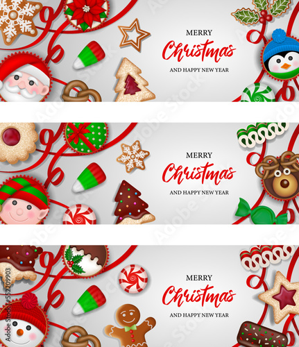 set of christmas banners with sweets. christmas greeting cards with candies and cookies