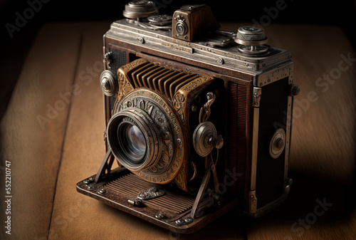 antique camera in closeup on a wooden table. Generative AI