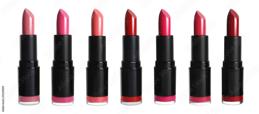 Obraz premium Set with different beautiful lipsticks on white background. Banner design