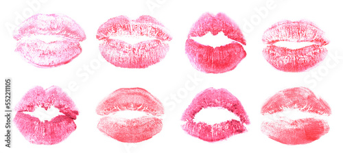 Set with lipstick kiss marks on white background  top view. Banner design