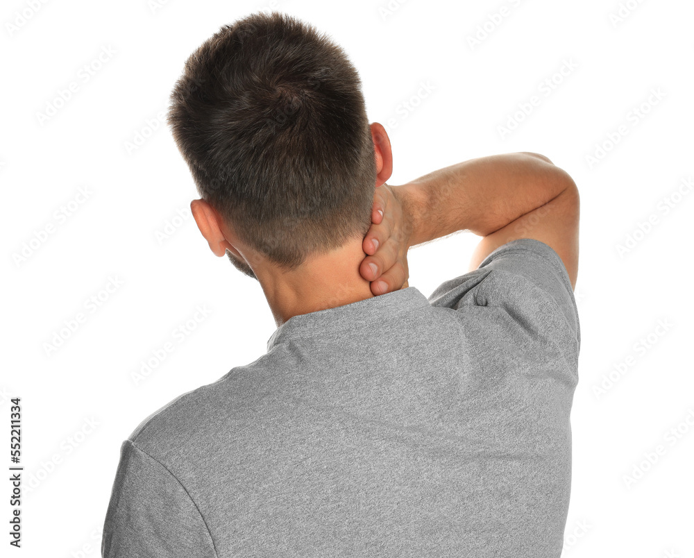 Man suffering from neck pain on white background, back view Man suffering from neck pain on white background, back view