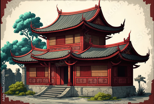 Traditional Chinese Ancient Houses have red tiled eaves and corners. Generative AI