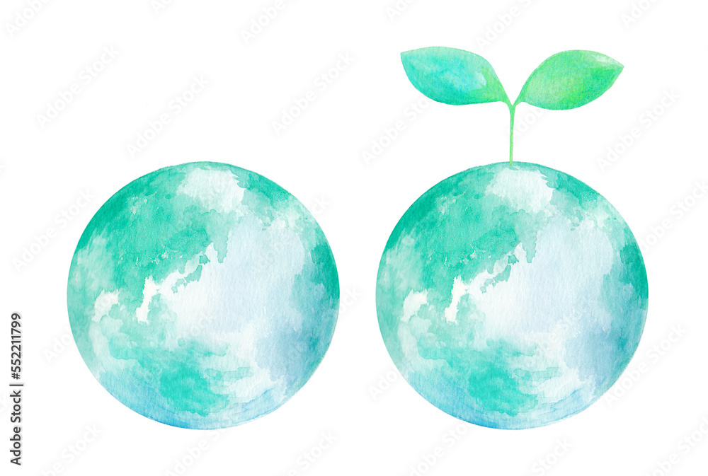 透明水彩で描いた緑の地球と若葉のイラスト　挿絵　背景イラスト