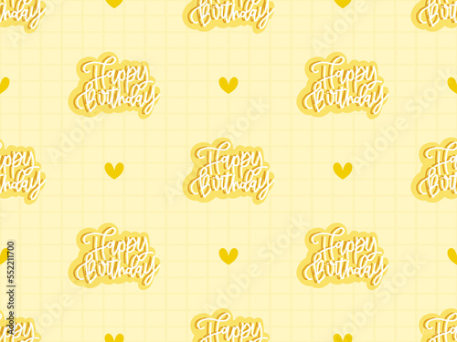 Happy Birthday cartoon character seamless pattern on yellow background
