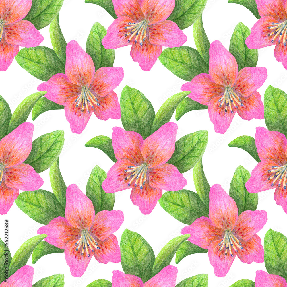 Seamless pattern with tropical flowers. Color illustration. Drawn with colored pencils. The print is used for Wallpaper design, fabric, textile, packaging.