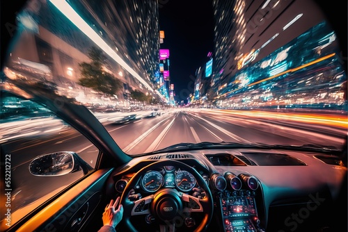 Driving on high speed in the streets in the night, from a driver's perspective on the city