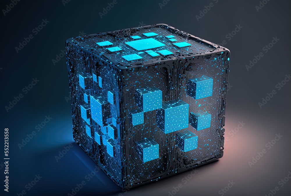 Obraz premium the blockchain technology idea. Data filled abstract technical cube on a digital backdrop. Generative AI