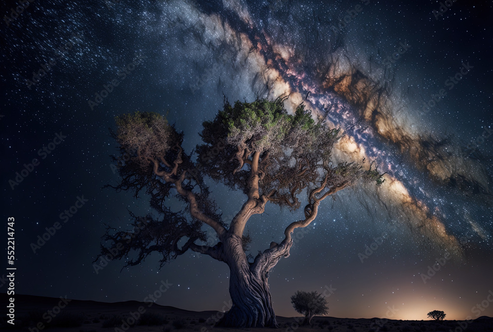 A tree is seen in a vertical view against the magnificent Milky Way galaxy. Generative AI