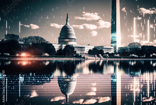 Decentralized economy Washington Monument and Capitol Building as viewed from Reflecting Pool Concept hologram for blockchain cryptography and cryptocurrencies. Generative AI