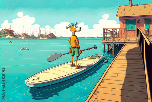 Shot shows a stand up paddle board in close proximity to a wharf on water. Generative AI © AkuAku