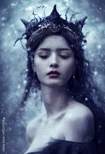 The Queen of Winter, portrait of a beautiful young woman with frozen face, closed eyes and crown of frozen brunches in cold snowy day, created with Generative AI technology