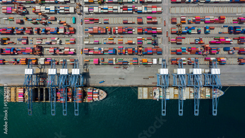 Aerial view container ship transport freight shipping cargo global business logistic import export international around the world, Container cargo freight shipping transportation.