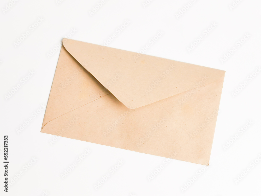 Brown open envelope against white background.