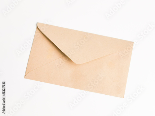 Brown open envelope against white background.