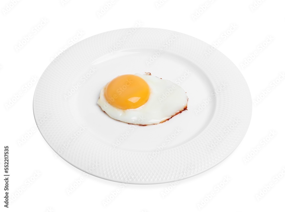 Plate with delicious fried egg isolated on white Plate with delicious fried egg isolated on white