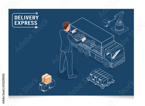 3D isometric Logistics and Delivery services concept with Truck transport product boxes from suppliers to buyers. Vector illustration eps10