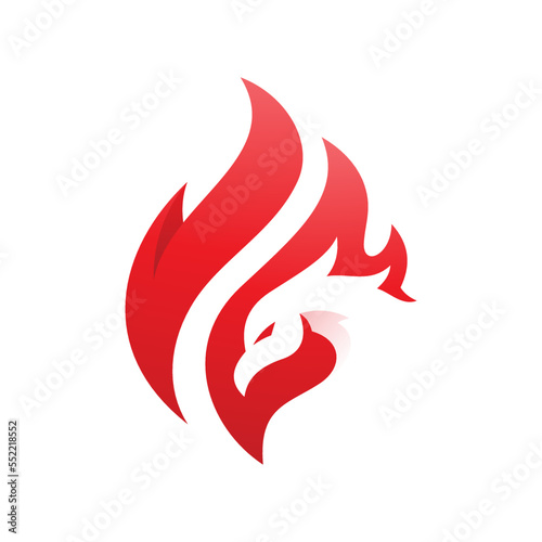 Abstract bird head and fire or flame logo design, phoenix vector icon