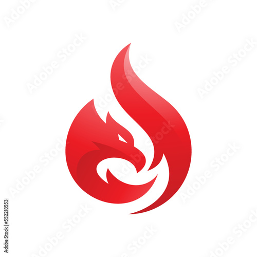 Abstract bird head and fire or flame logo design, phoenix vector icon