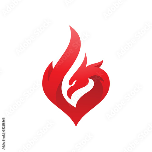 Abstract bird head and fire or flame logo design, phoenix vector icon