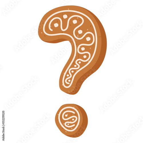 Christmas gingerbread cookie in shape of question mark on white background 