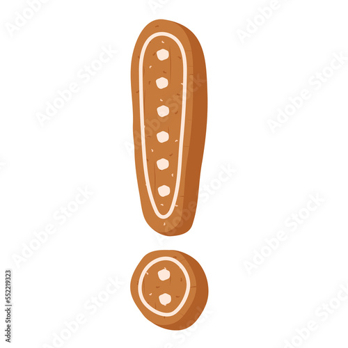 Christmas gingerbread cookie in shape of exclamation mark on white background 