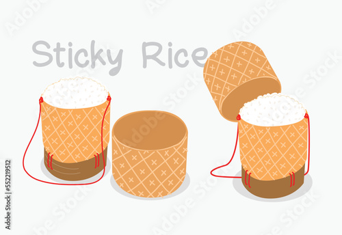 Bamboo Sticky Rice Vector. Sticky rice in bamboo basket, rice basket (kratip in Thai mean - Basket)