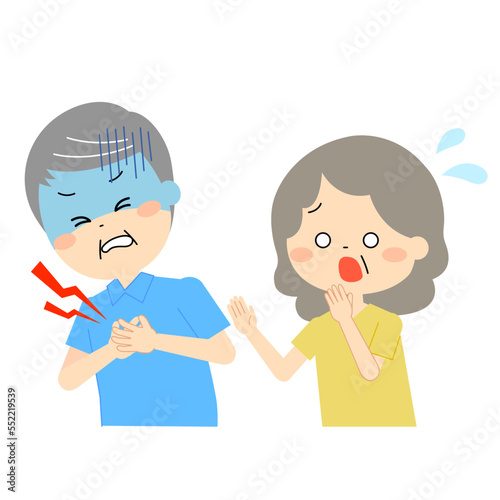 胸の痛みに苦しむ高齢男性　心配する高齢女性