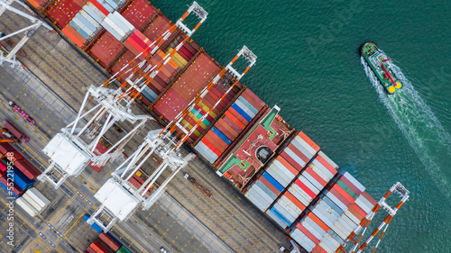 Aerial view container ship transport freight shipping cargo global business logistic import export international around the world, Container cargo freight shipping transportation.